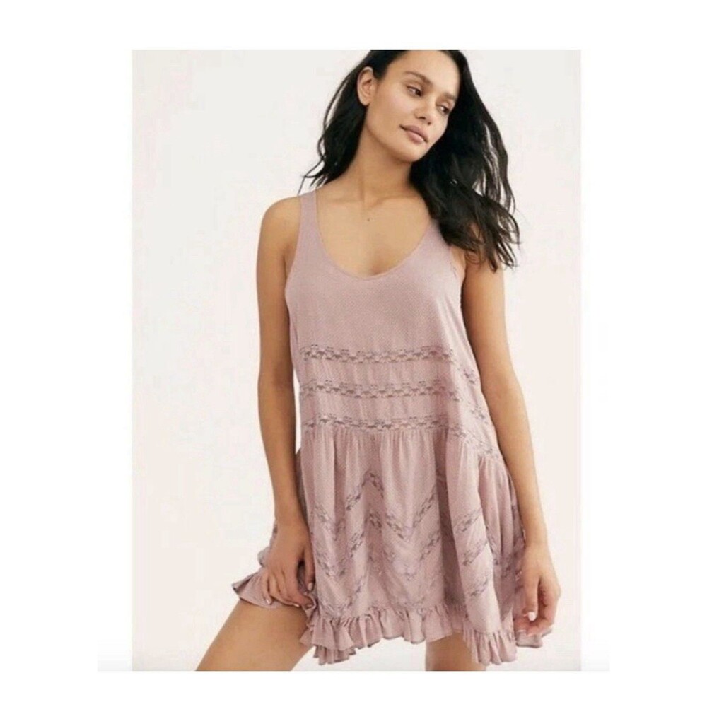 Intimately Free People women's S Lace And Voile Trapeze Slip Dress dusty rose